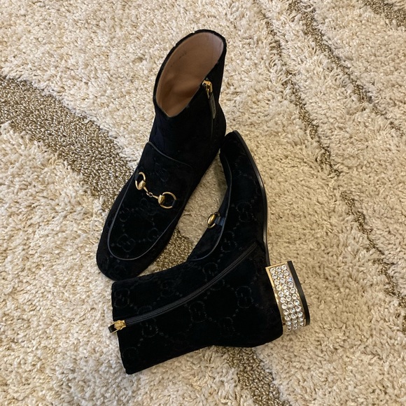 FINAL PRICE. BNIB Gucci Monogram Velvet Boot with Rhinestone Heels - Picture 2 of 6